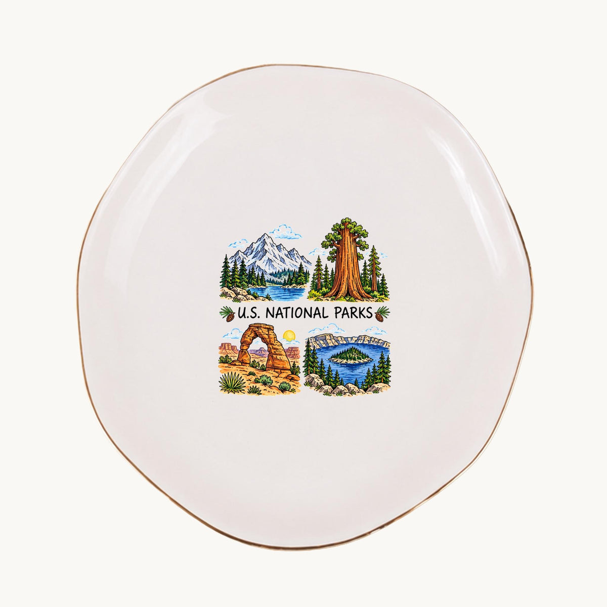 U.S. National Parks Ceramic Ring Dish, Gold Rim Trinket Tray, Jewelry Holder Gift, Five Shape Options