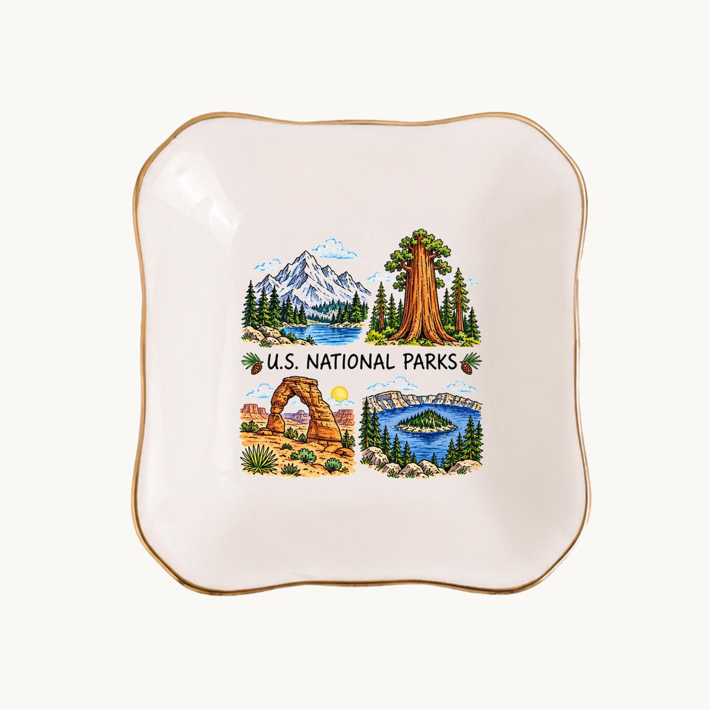 U.S. National Parks Ceramic Ring Dish, Gold Rim Trinket Tray, Jewelry Holder Gift, Five Shape Options