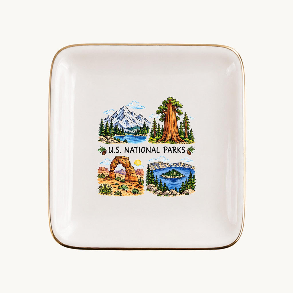 U.S. National Parks Ceramic Ring Dish, Gold Rim Trinket Tray, Jewelry Holder Gift, Five Shape Options
