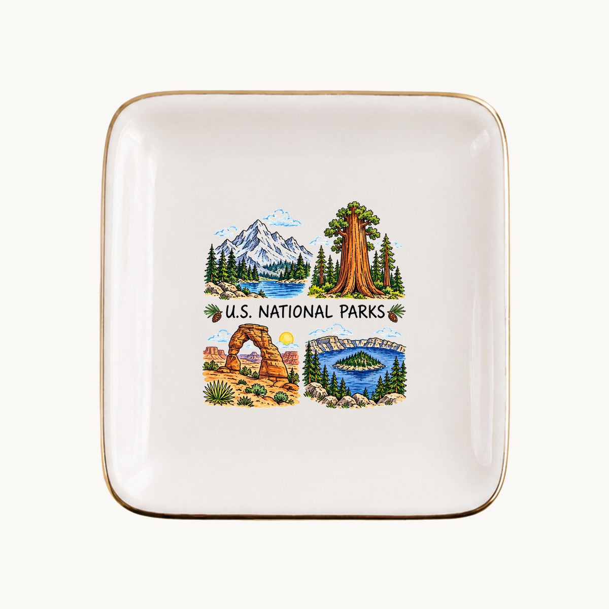 U.S. National Parks Ceramic Ring Dish, Gold Rim Trinket Tray, Jewelry Holder Gift, Five Shape Options