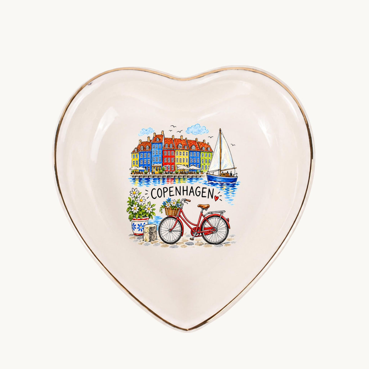 Copenhagen Ceramic Ring Dish, Gold Rim Trinket Tray, Jewelry Holder Gift, Five Shape Options
