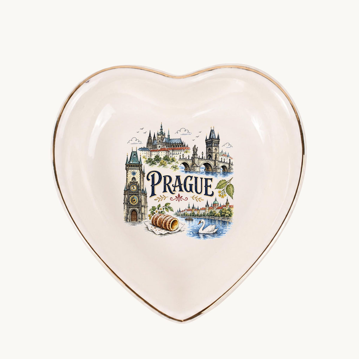 Prague Ceramic Ring Dish, Gold Rim Trinket Tray, Jewelry Holder Gift, Five Shape Options
