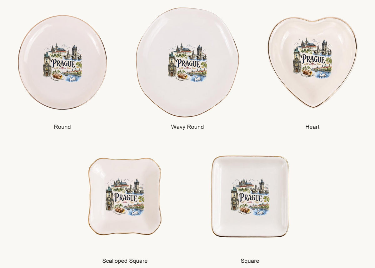 Prague Ceramic Ring Dish, Gold Rim Trinket Tray, Jewelry Holder Gift, Five Shape Options