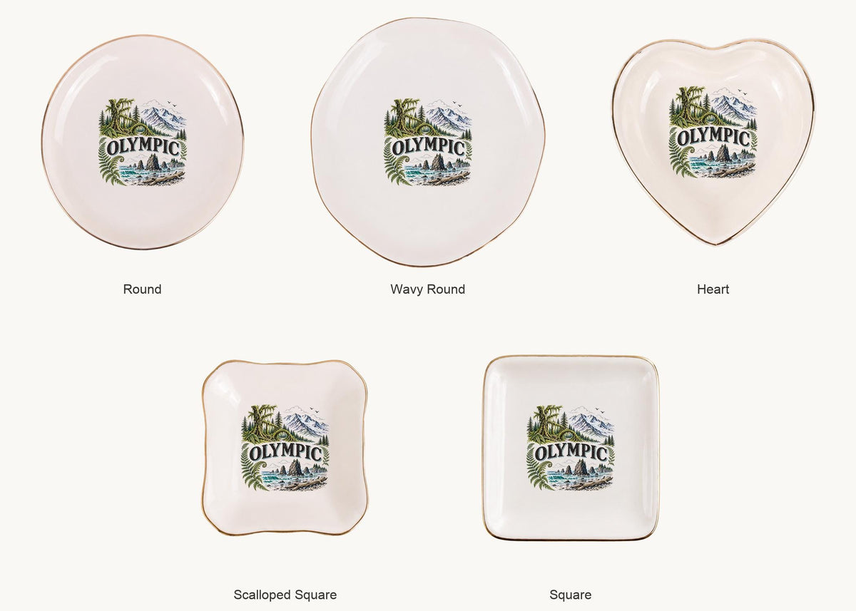 Olympic Ceramic Ring Dish, Gold Rim Trinket Tray, Jewelry Holder Gift, Five Shape Options