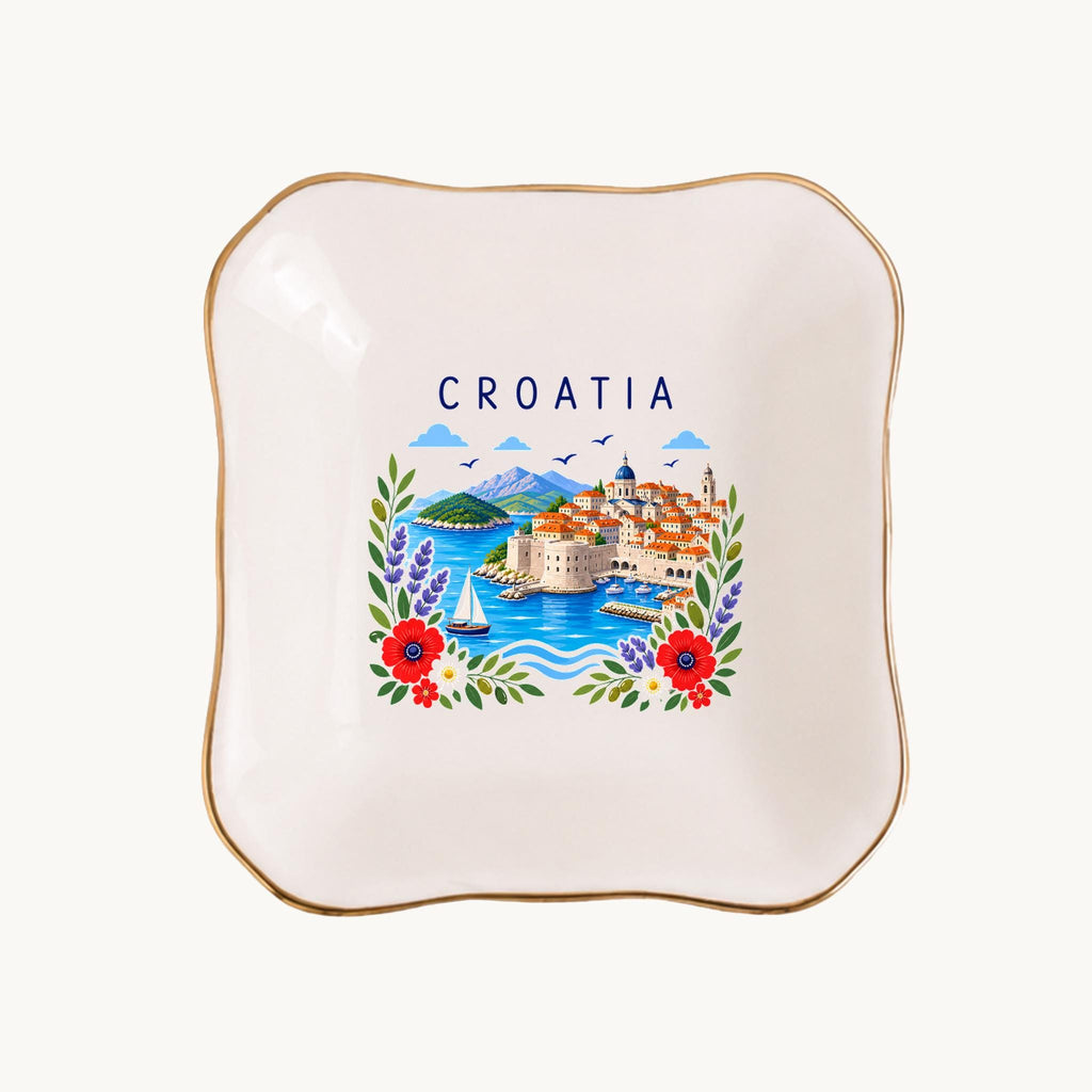 Croatia Ceramic Ring Dish, Gold Rim Trinket Tray, Jewelry Holder Gift, Five Shape Options