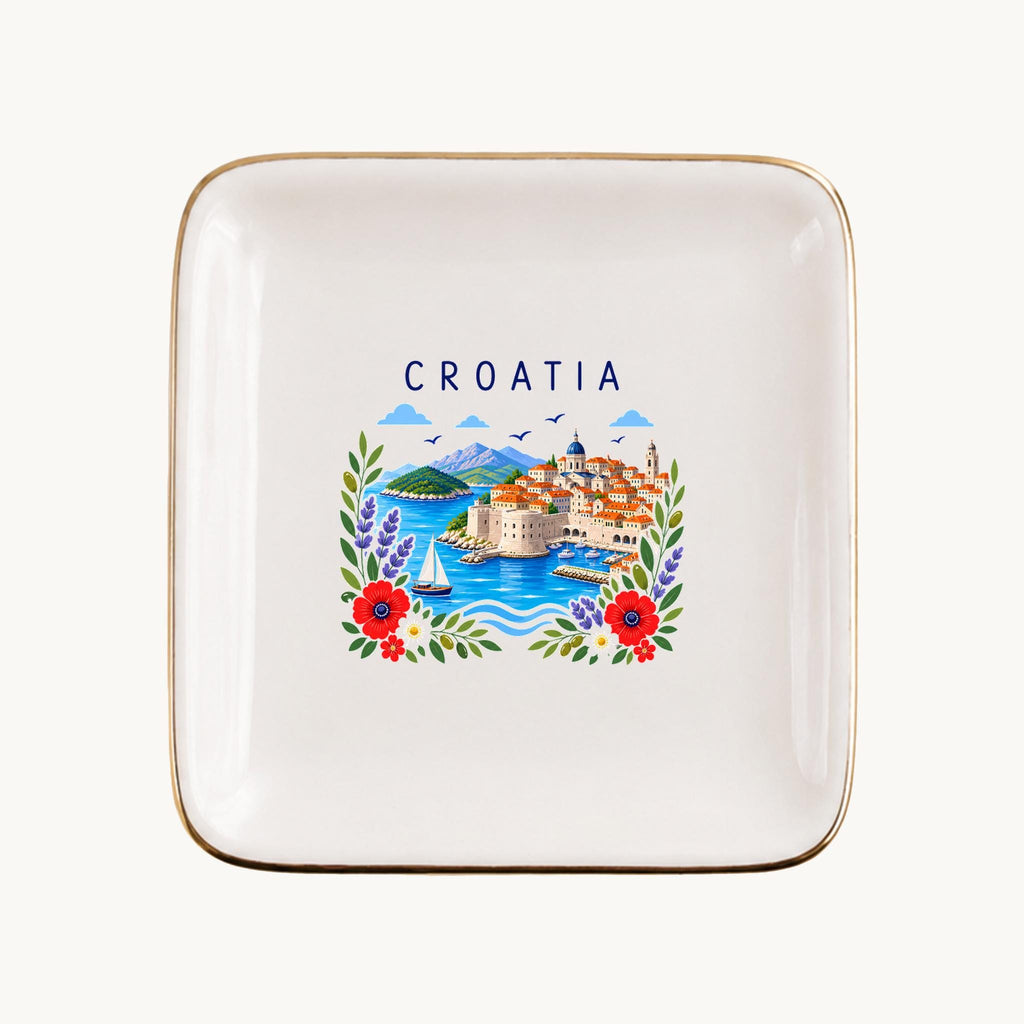Croatia Ceramic Ring Dish, Gold Rim Trinket Tray, Jewelry Holder Gift, Five Shape Options