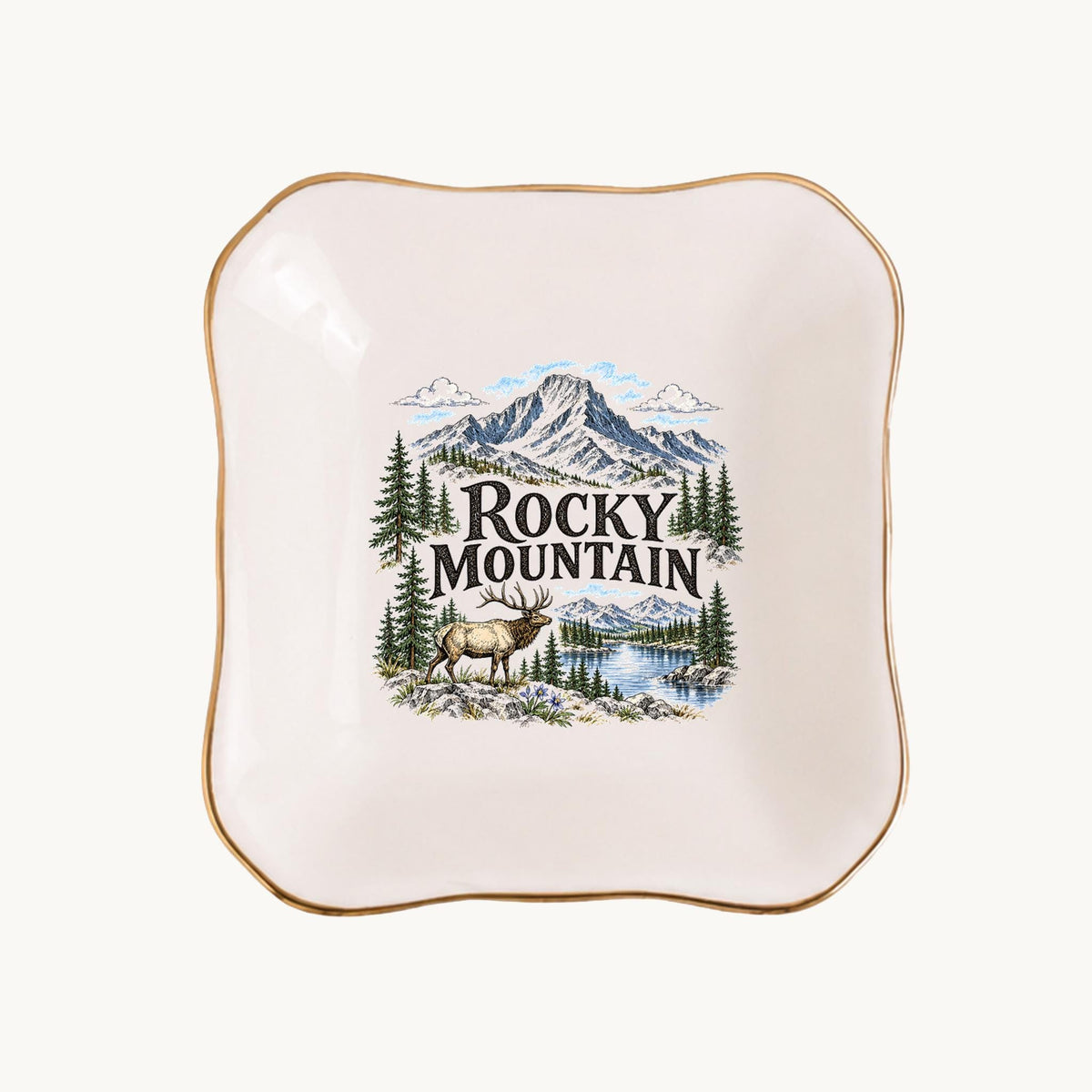 Rocky Mountain Ceramic Ring Dish, Gold Rim Trinket Tray, Jewelry Holder Gift, Five Shape Options