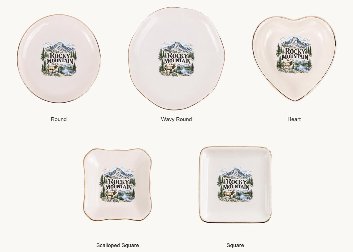 Rocky Mountain Ceramic Ring Dish, Gold Rim Trinket Tray, Jewelry Holder Gift, Five Shape Options