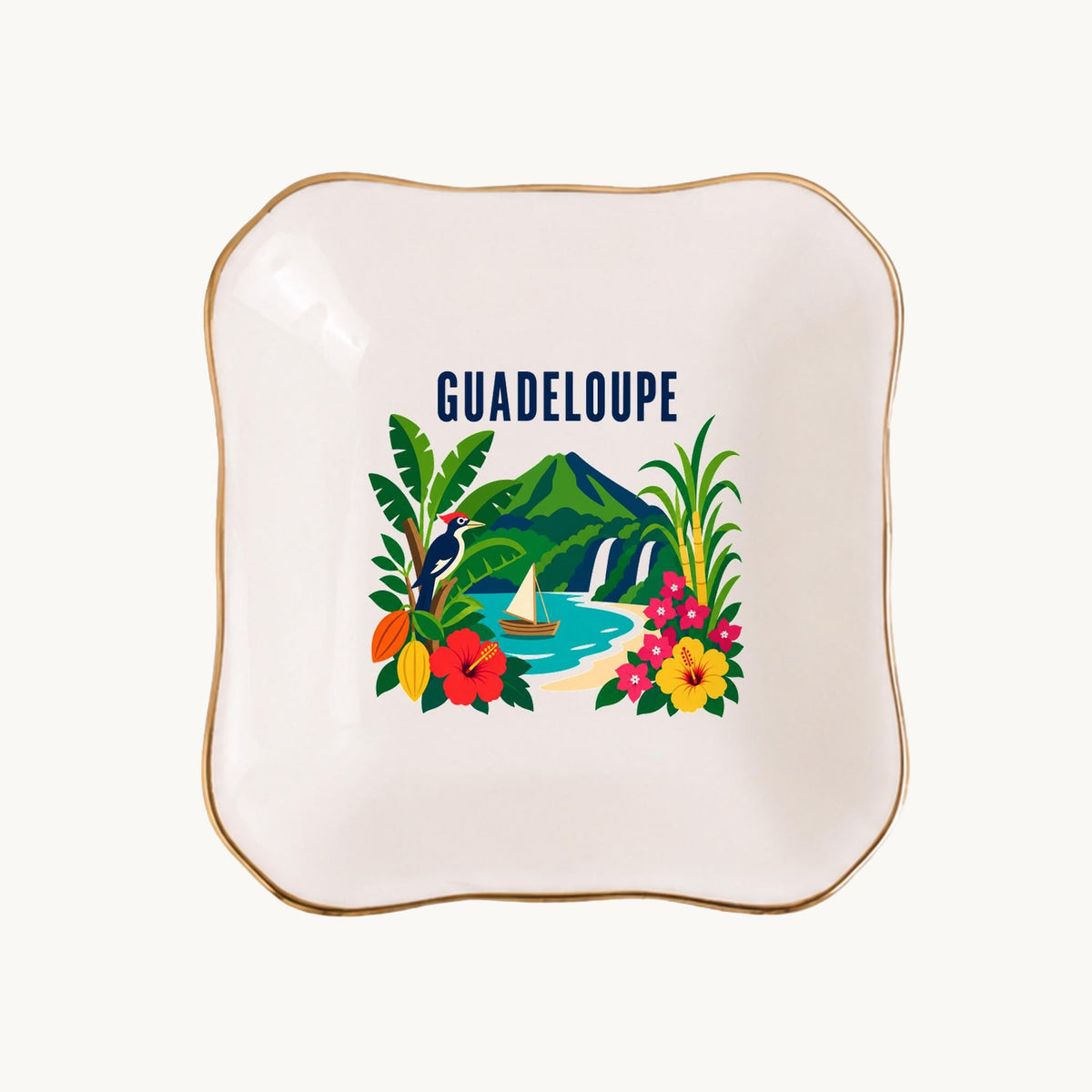 Guadeloupe Ceramic Ring Dish, Gold Rim Trinket Tray, Jewelry Holder Gift, Five Shape Options