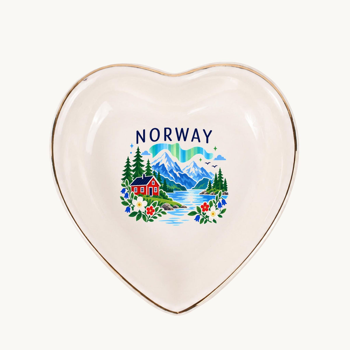 Norway Ceramic Ring Dish, Gold Rim Trinket Tray, Jewelry Holder Gift, Five Shape Options