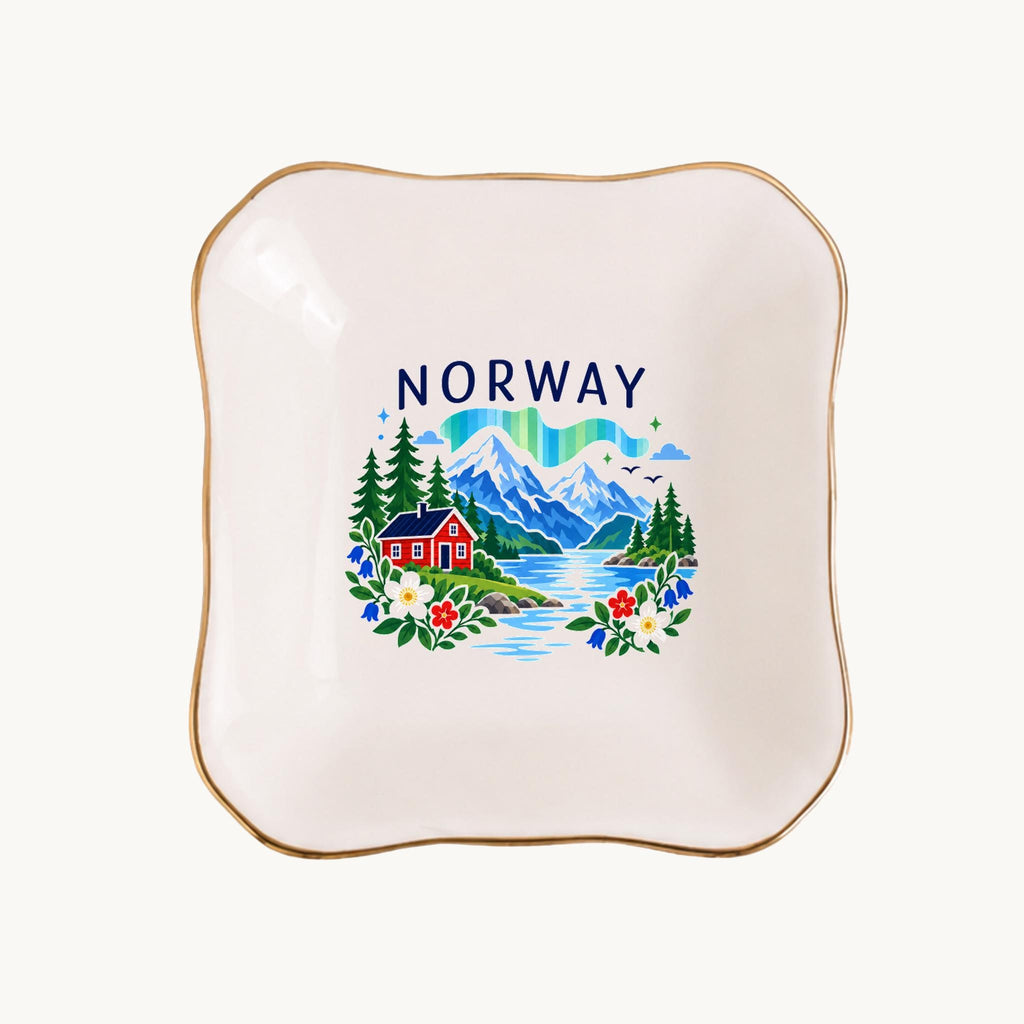 Norway Ceramic Ring Dish, Gold Rim Trinket Tray, Jewelry Holder Gift, Five Shape Options