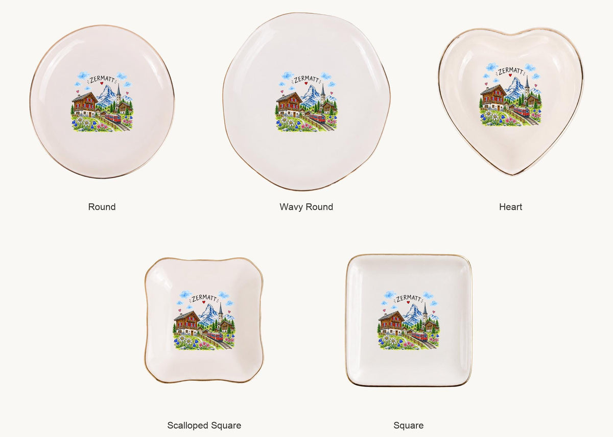 Zermatt Ceramic Ring Dish, Gold Rim Trinket Tray, Jewelry Holder Gift, Five Shape Options