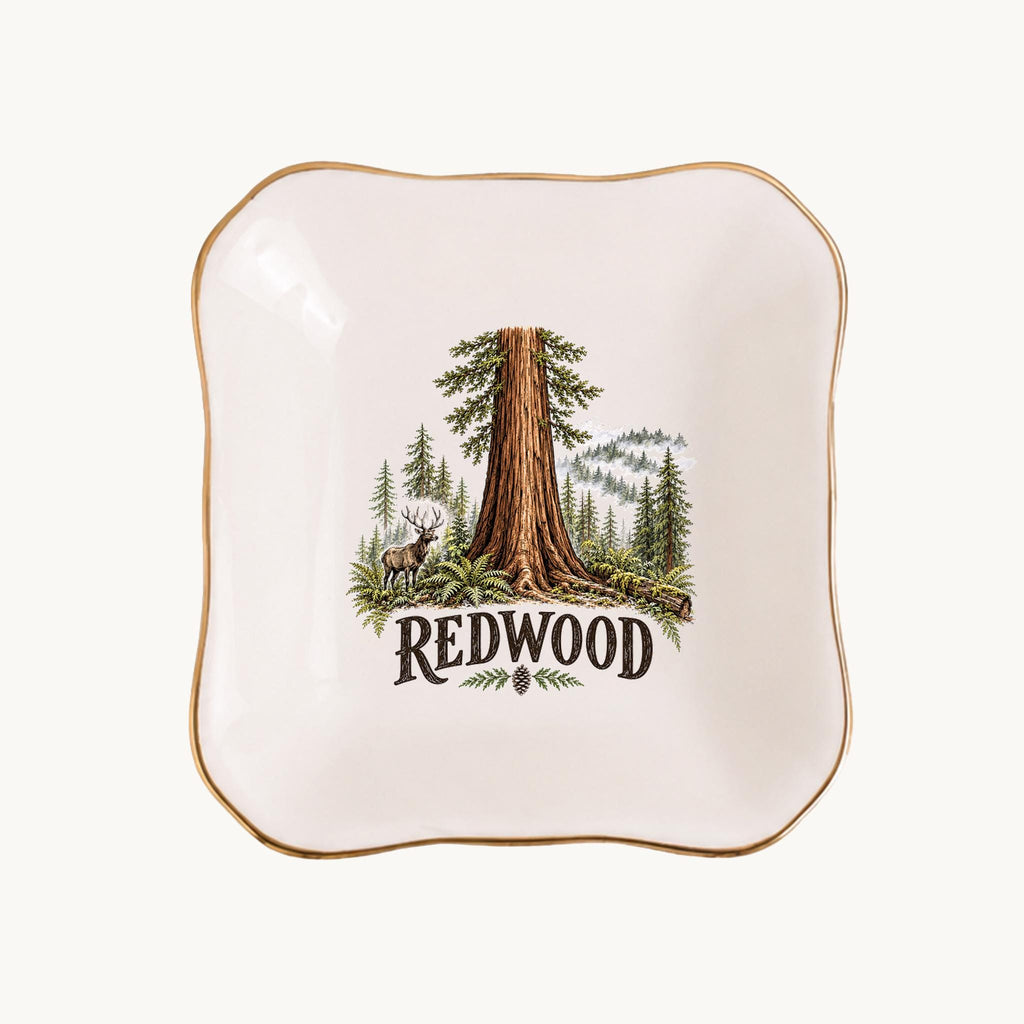 Redwood Ceramic Ring Dish, Gold Rim Trinket Tray, Jewelry Holder Gift, Five Shape Options
