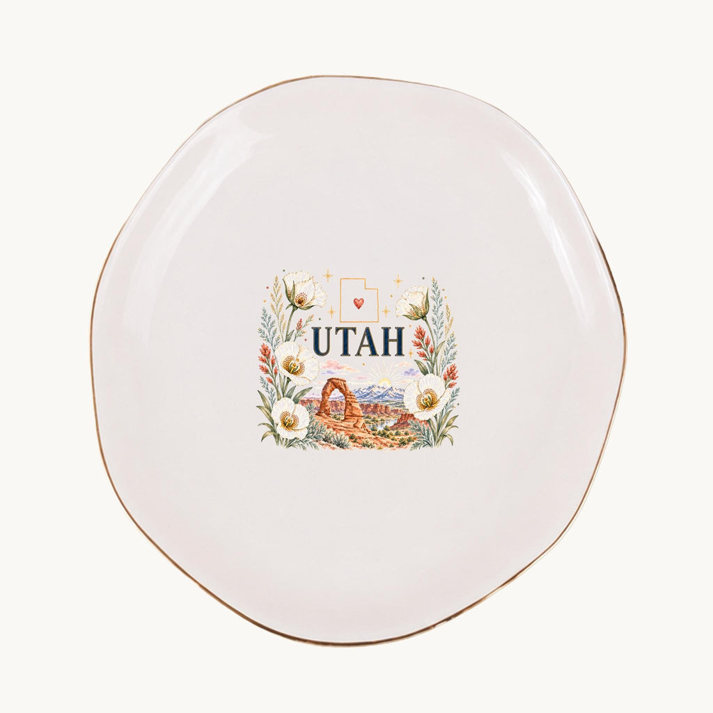 Utah Ceramic Ring Dish, Gold Rim Trinket Tray, Jewelry Holder Gift, Five Shape Options