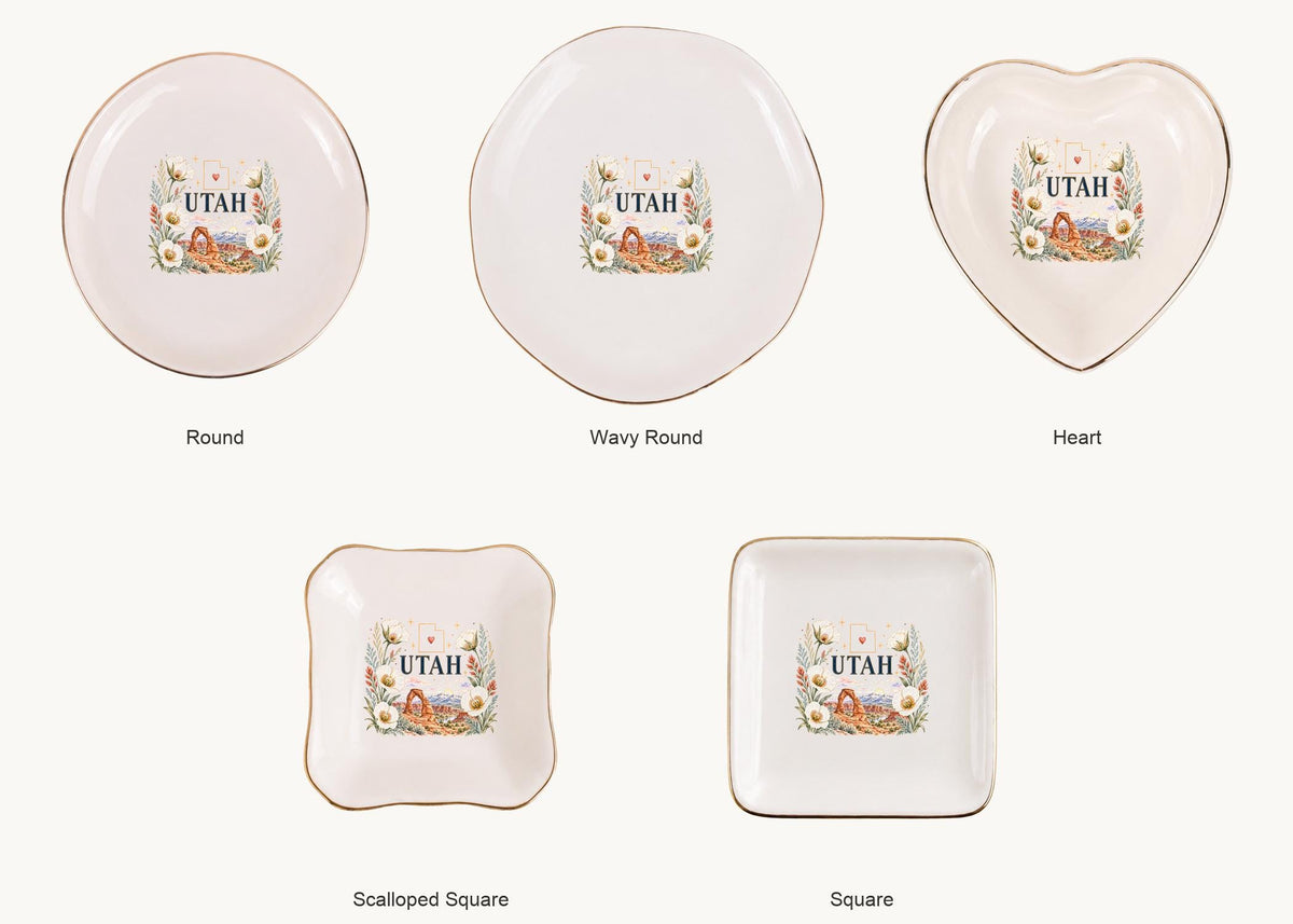 Utah Ceramic Ring Dish, Gold Rim Trinket Tray, Jewelry Holder Gift, Five Shape Options