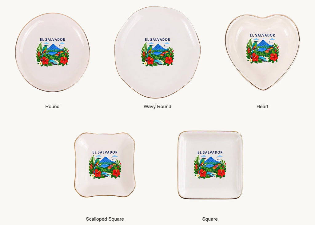 El Salvador Ceramic Ring Dish, Gold Rim Trinket Tray, Jewelry Holder Gift, Five Shape Options