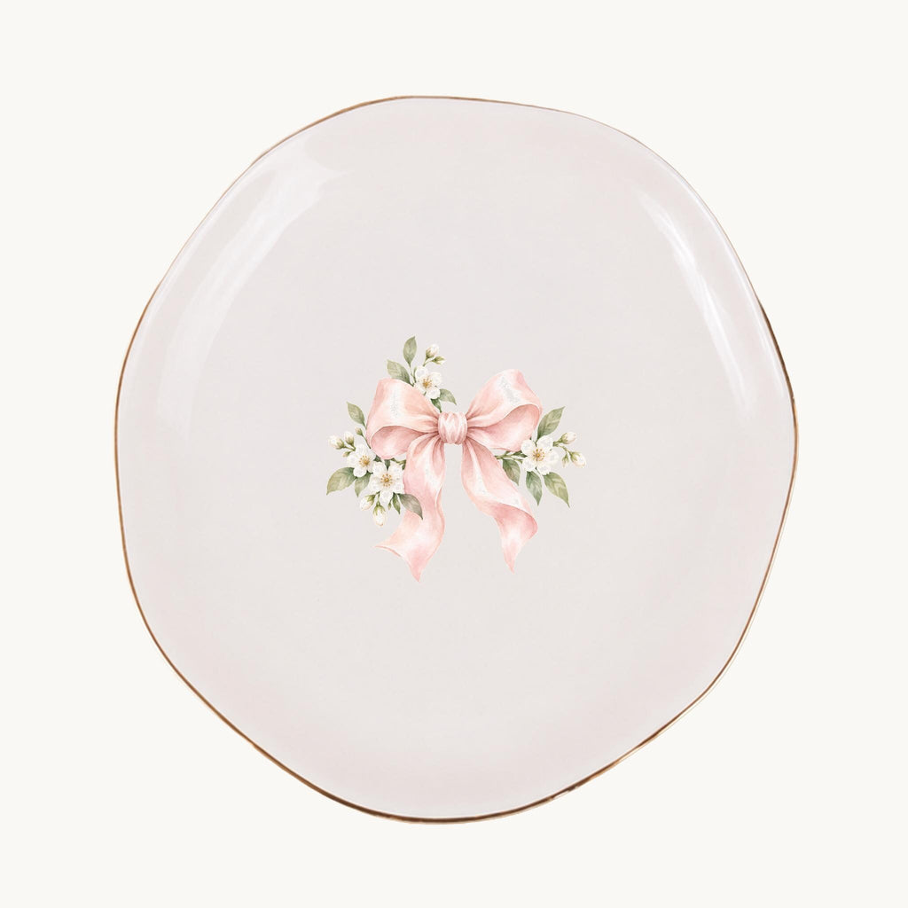 Blush Bridal Bow Ceramic Ring Dish, Gold Rim Trinket Tray, Jewelry Holder Gift, Five Shape Options