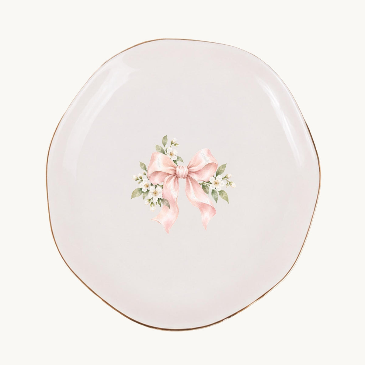 Blush Bridal Bow Ceramic Ring Dish, Gold Rim Trinket Tray, Jewelry Holder Gift, Five Shape Options
