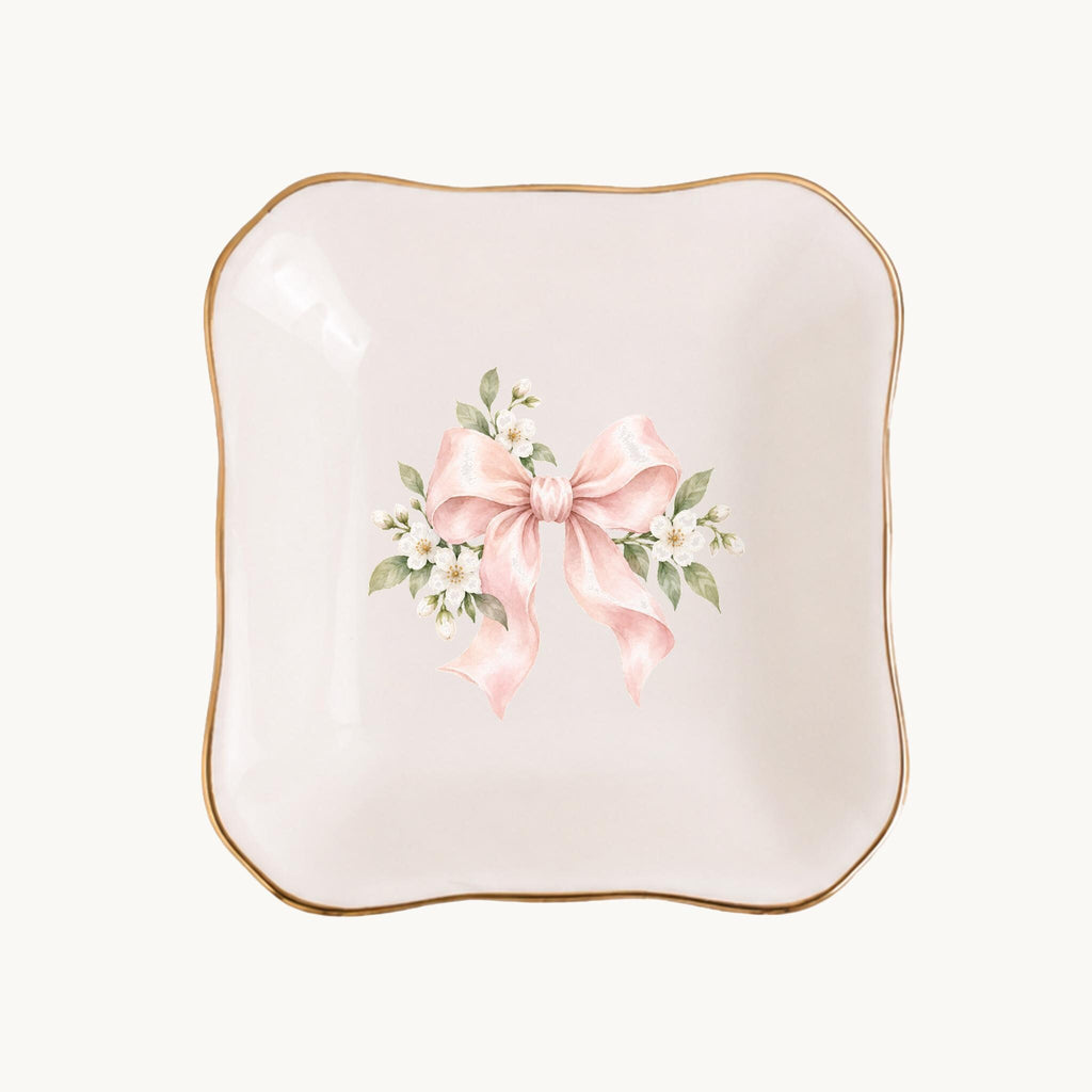 Blush Bridal Bow Ceramic Ring Dish, Gold Rim Trinket Tray, Jewelry Holder Gift, Five Shape Options