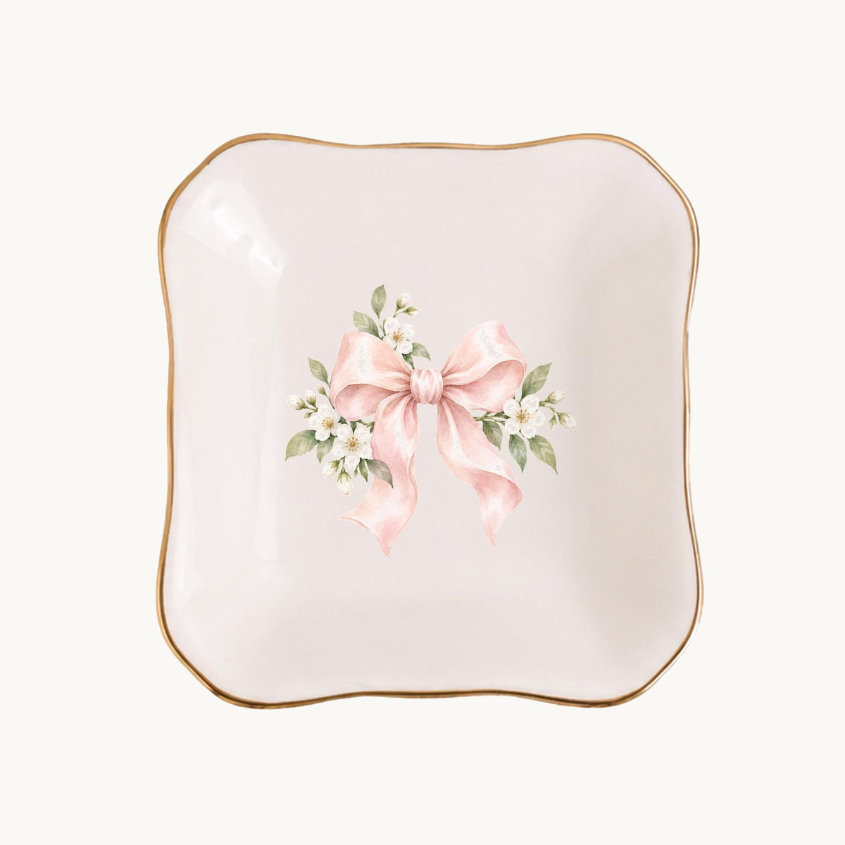 Blush Bridal Bow Ceramic Ring Dish, Gold Rim Trinket Tray, Jewelry Holder Gift, Five Shape Options