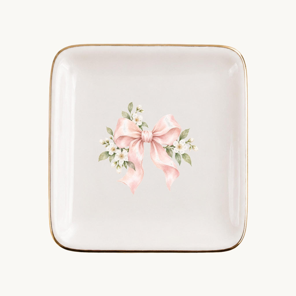 Blush Bridal Bow Ceramic Ring Dish, Gold Rim Trinket Tray, Jewelry Holder Gift, Five Shape Options