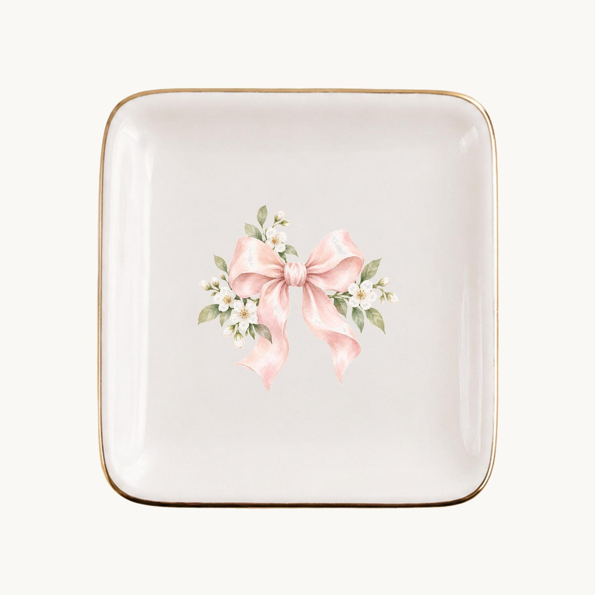 Blush Bridal Bow Ceramic Ring Dish, Gold Rim Trinket Tray, Jewelry Holder Gift, Five Shape Options