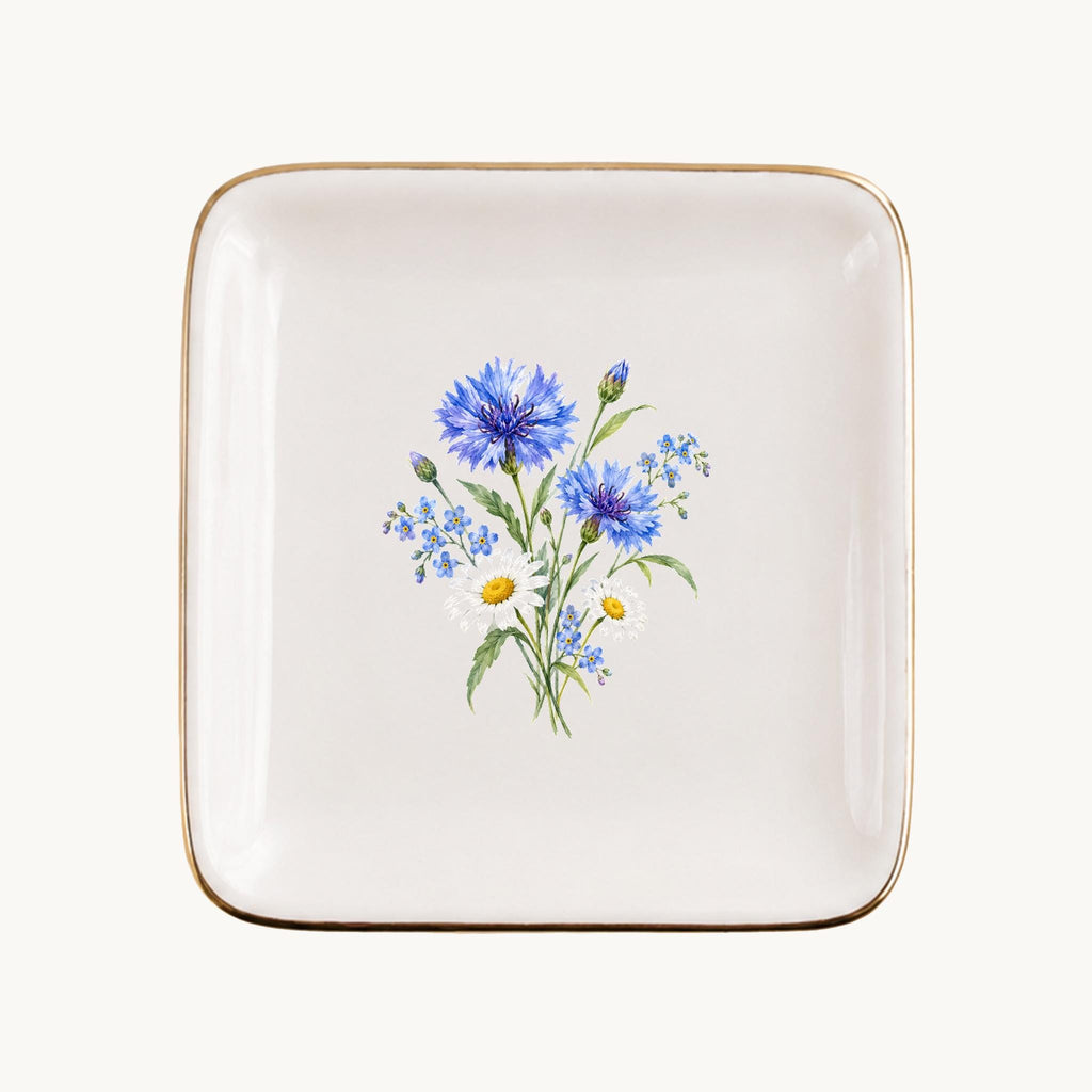 Blue Wildflower Ceramic Ring Dish, Gold Rim Trinket Tray, Jewelry Holder Gift, Five Shape Options