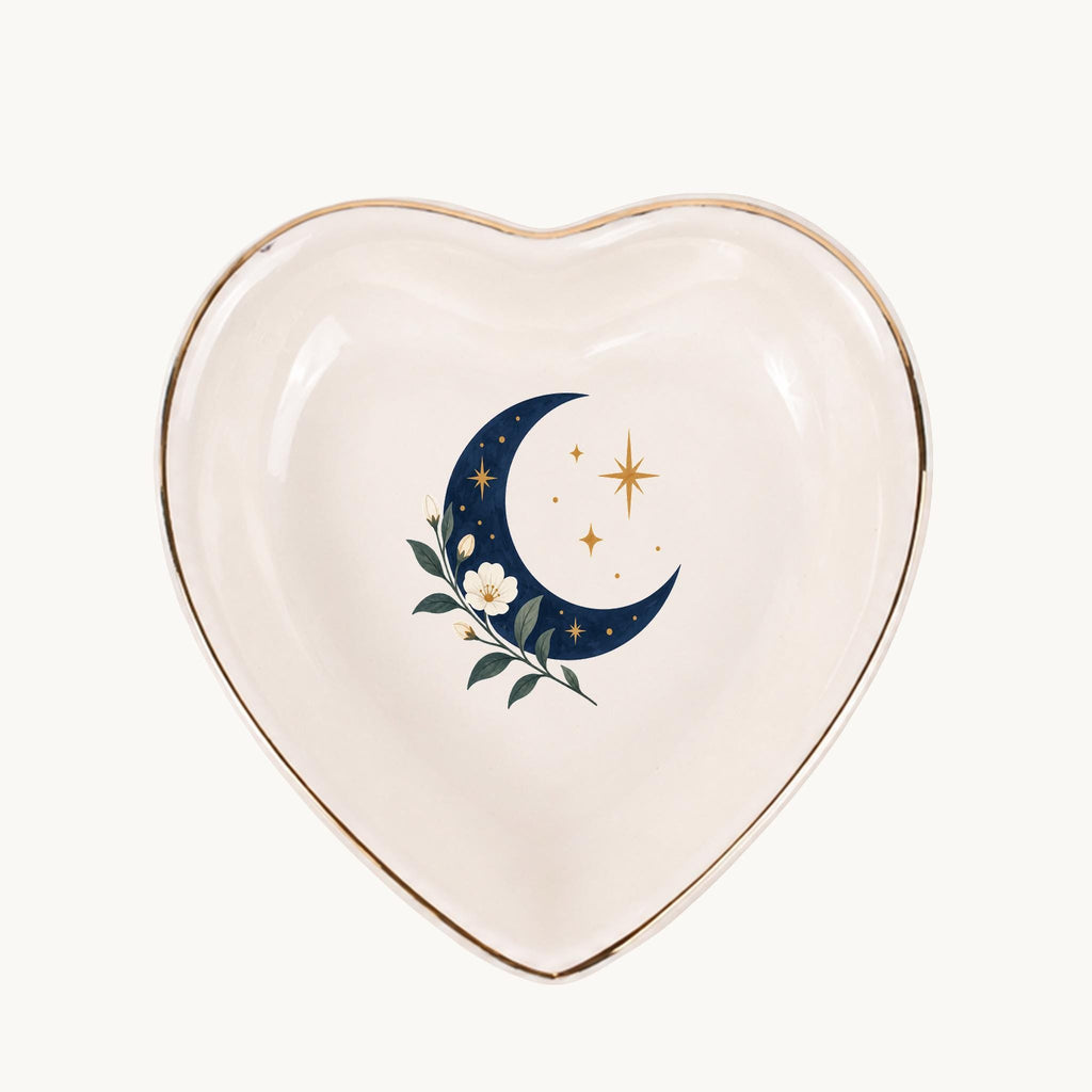 Celestial Moon Ceramic Ring Dish, Gold Rim Trinket Tray, Jewelry Holder Gift, Five Shape Options