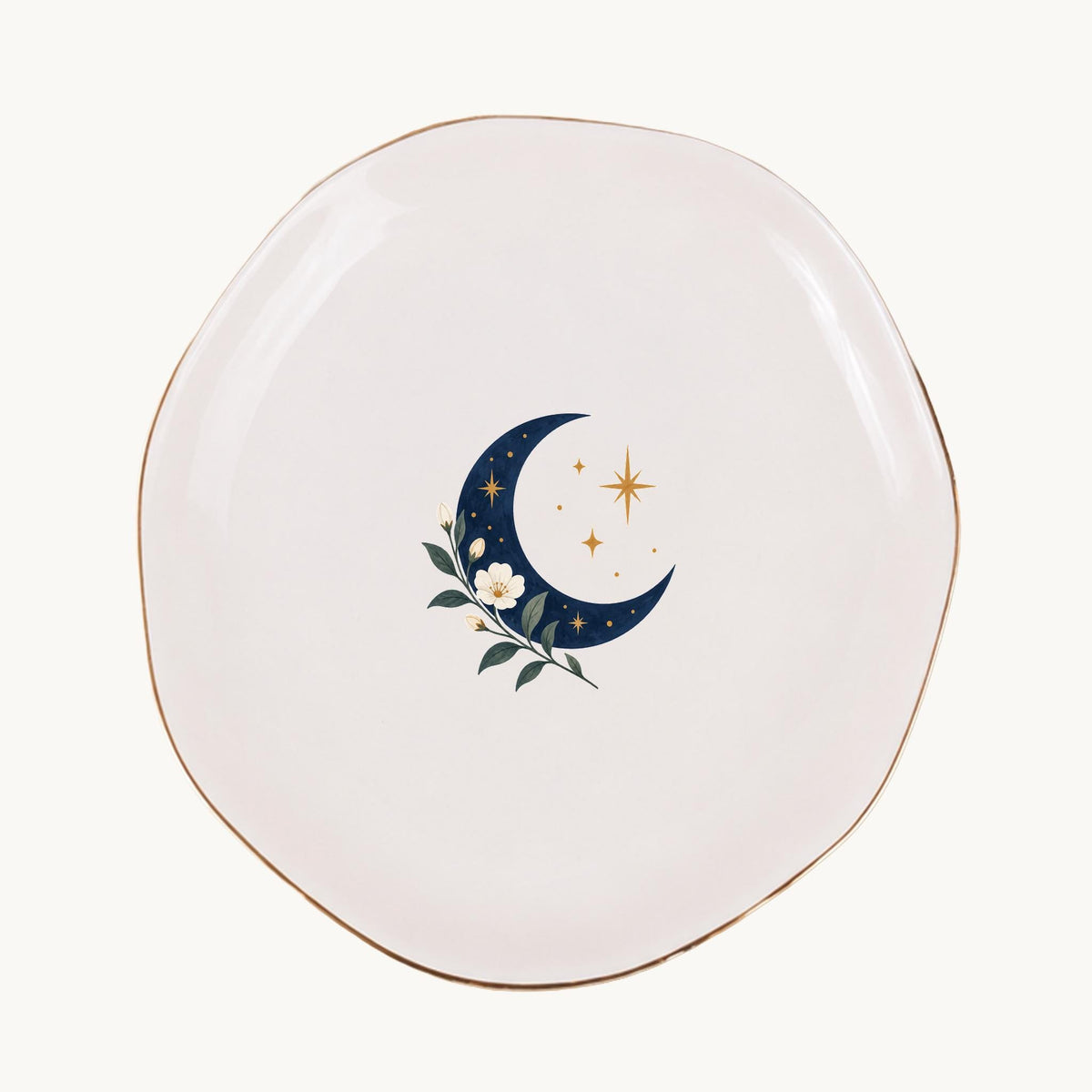 Celestial Moon Ceramic Ring Dish, Gold Rim Trinket Tray, Jewelry Holder Gift, Five Shape Options