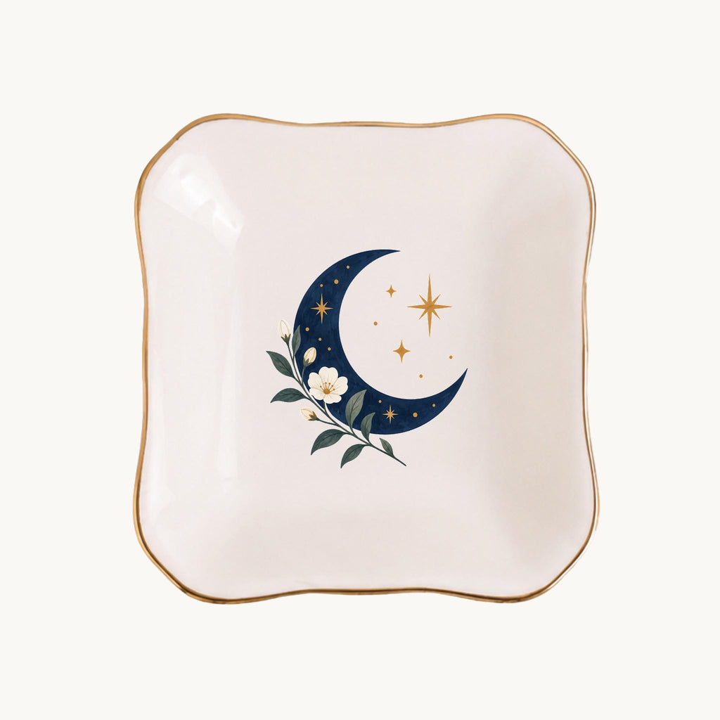 Celestial Moon Ceramic Ring Dish, Gold Rim Trinket Tray, Jewelry Holder Gift, Five Shape Options