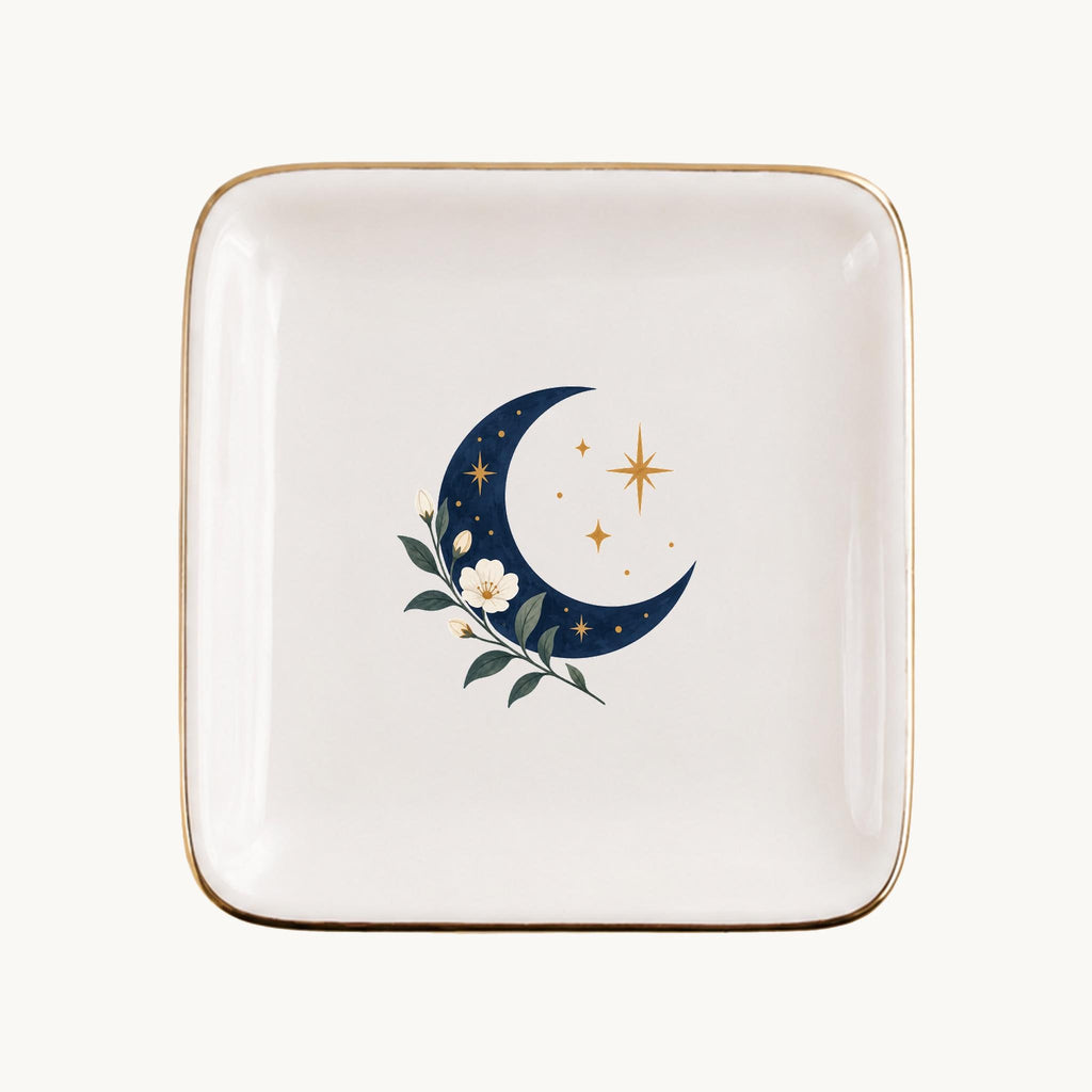 Celestial Moon Ceramic Ring Dish, Gold Rim Trinket Tray, Jewelry Holder Gift, Five Shape Options