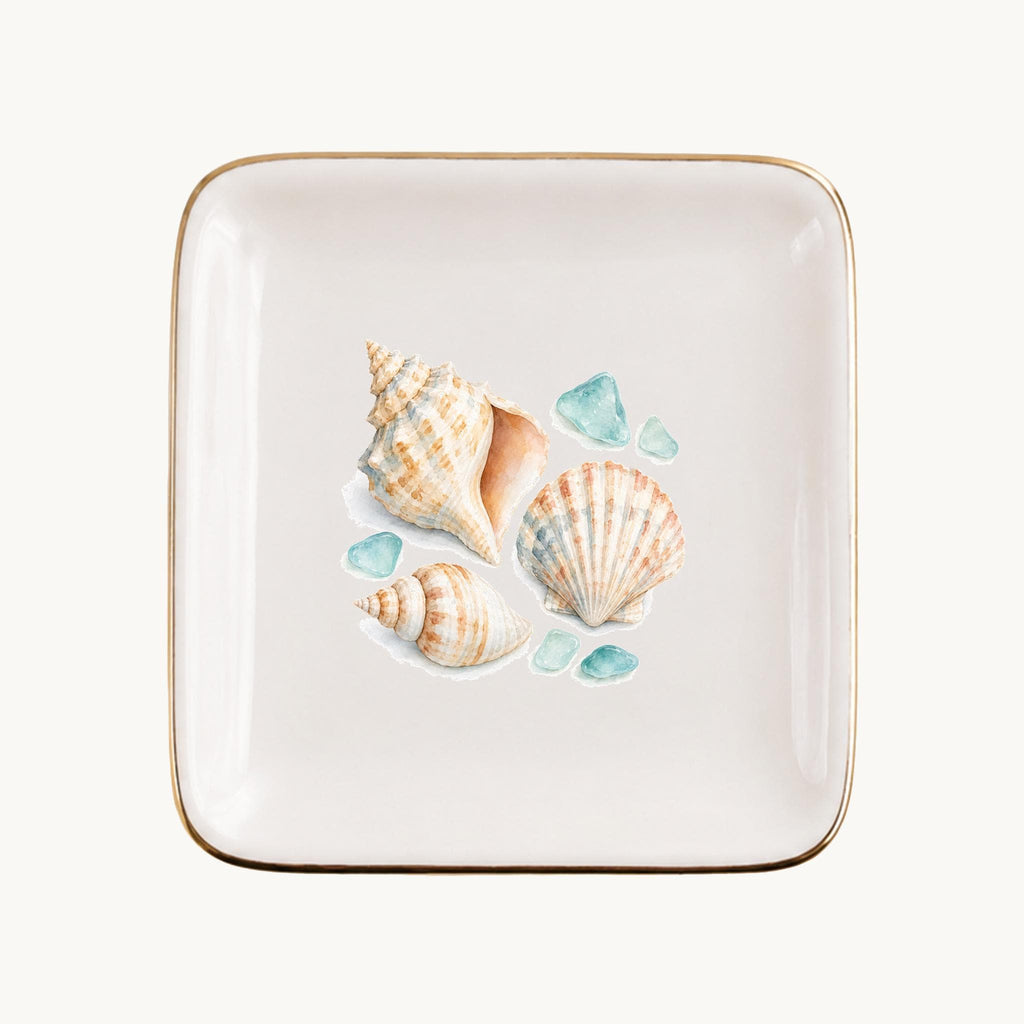Coastal Shells Ceramic Ring Dish, Gold Rim Trinket Tray, Jewelry Holder Gift, Five Shape Options