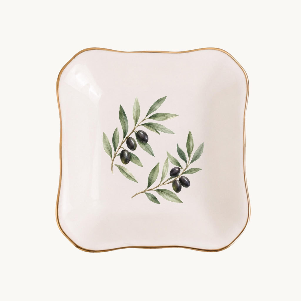 Olive Branch Ceramic Ring Dish, Gold Rim Trinket Tray, Jewelry Holder Gift, Five Shape Options