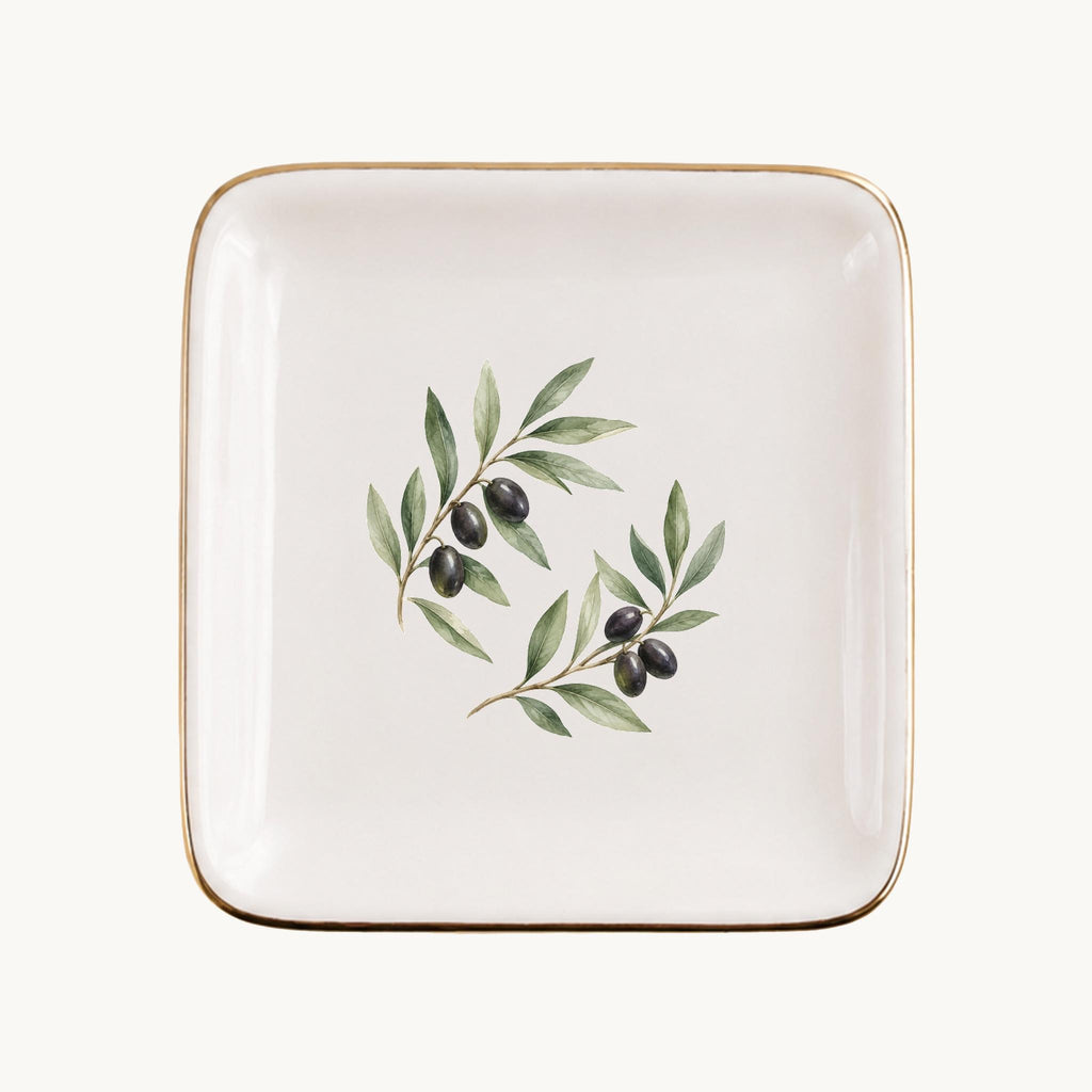 Olive Branch Ceramic Ring Dish, Gold Rim Trinket Tray, Jewelry Holder Gift, Five Shape Options