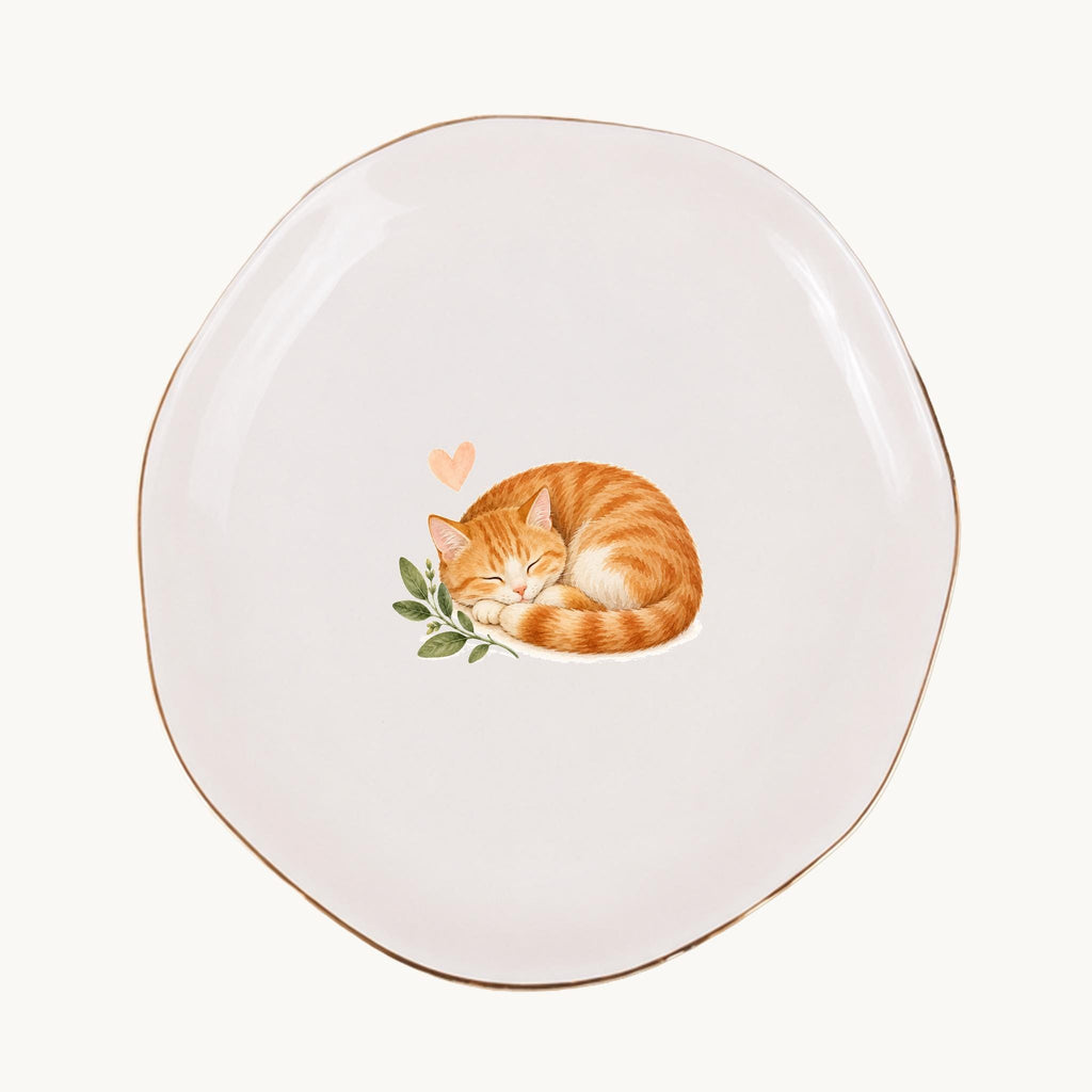 Sleeping Cat Ceramic Ring Dish, Gold Rim Trinket Tray, Jewelry Holder Gift, Five Shape Options