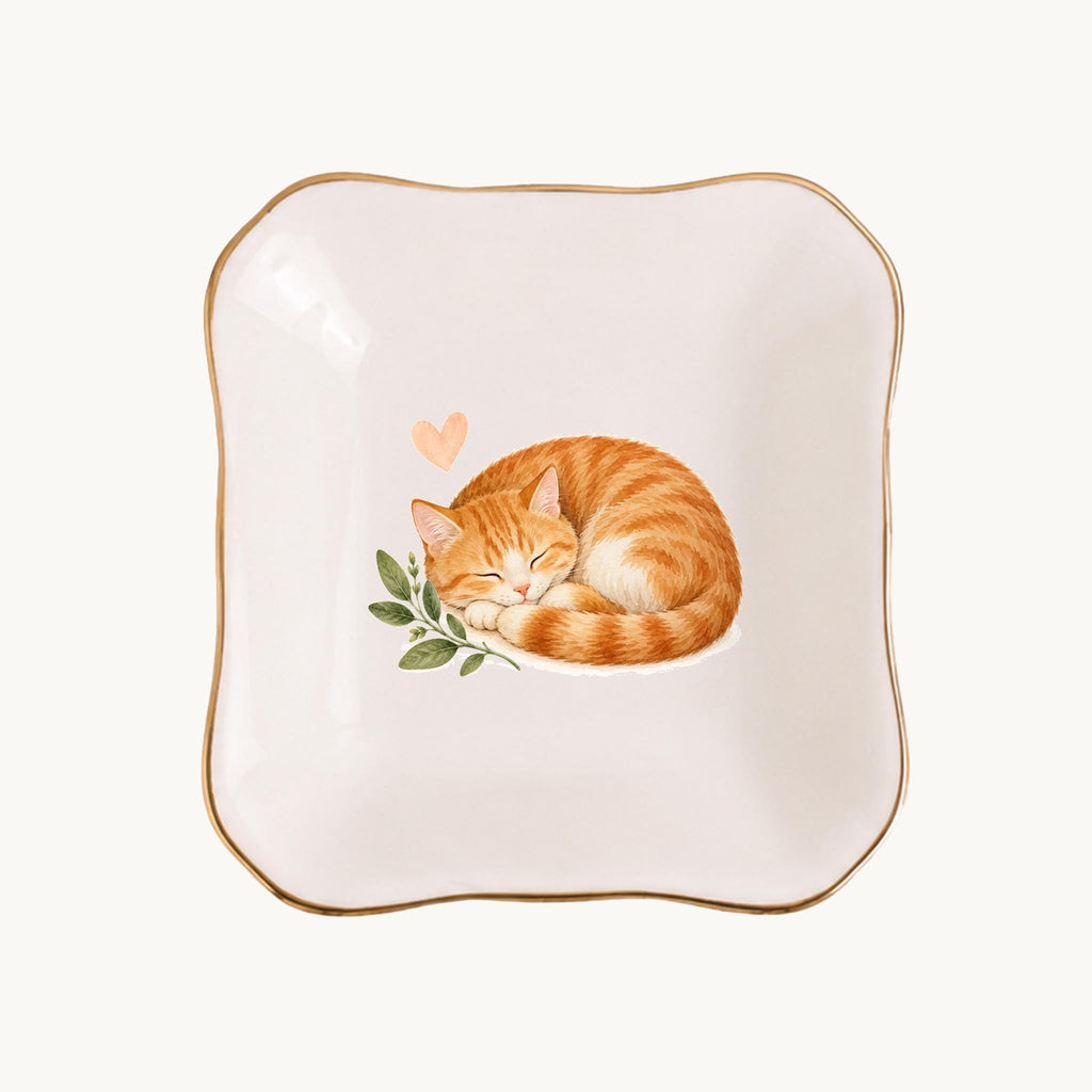 Sleeping Cat Ceramic Ring Dish, Gold Rim Trinket Tray, Jewelry Holder Gift, Five Shape Options