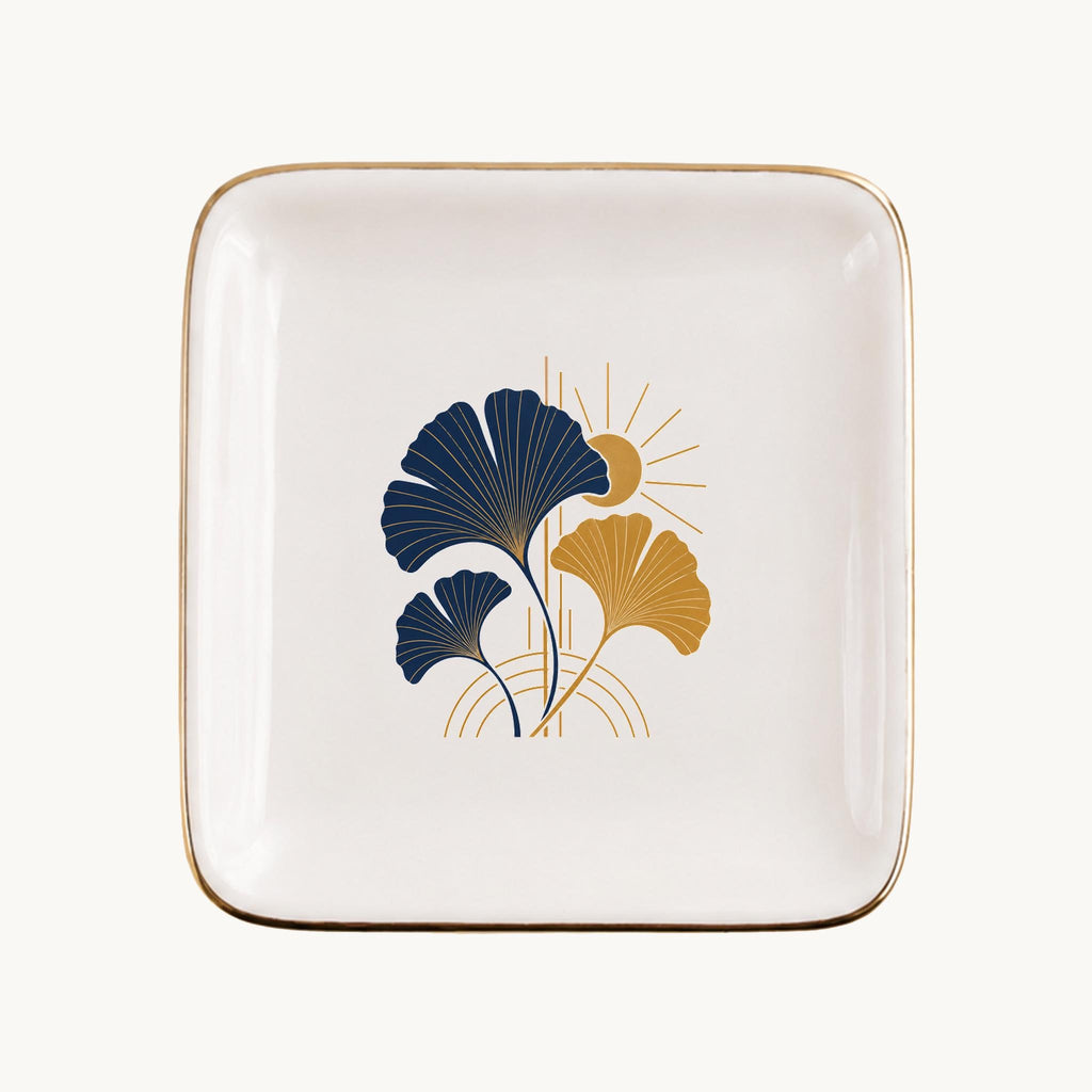 Art Deco Ginkgo Ceramic Ring Dish, Gold Rim Trinket Tray, Jewelry Holder Gift, Five Shape Options