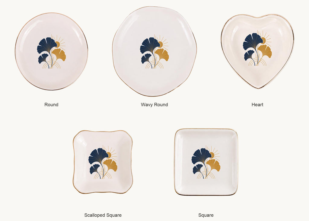 Art Deco Ginkgo Ceramic Ring Dish, Gold Rim Trinket Tray, Jewelry Holder Gift, Five Shape Options