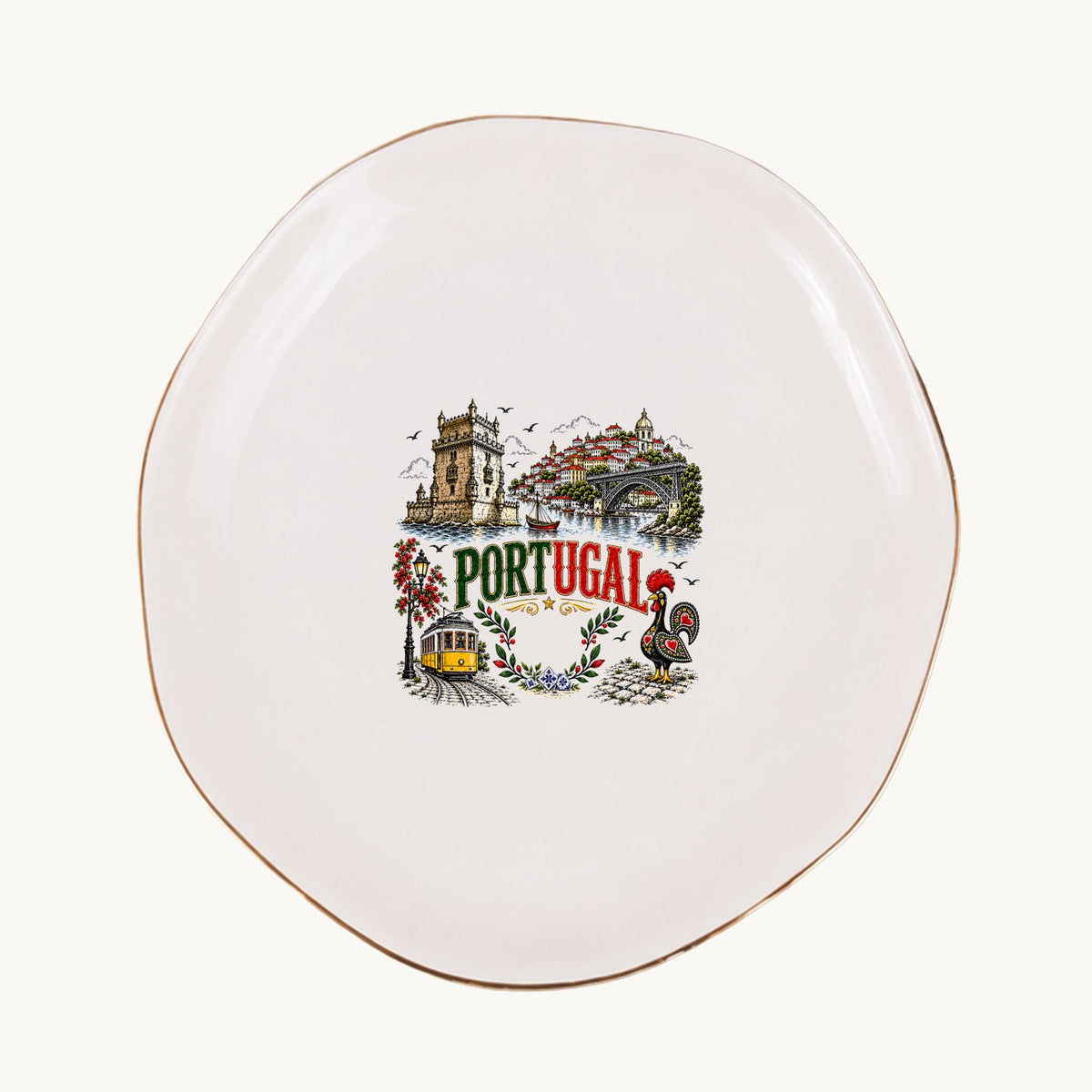 Portugal Ceramic Ring Dish, Gold Rim Trinket Tray, Jewelry Holder Gift, Five Shape Options