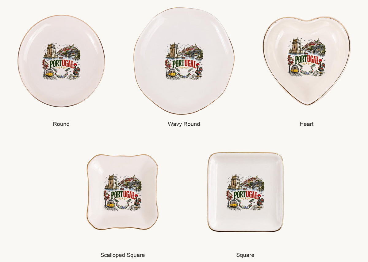 Portugal Ceramic Ring Dish, Gold Rim Trinket Tray, Jewelry Holder Gift, Five Shape Options