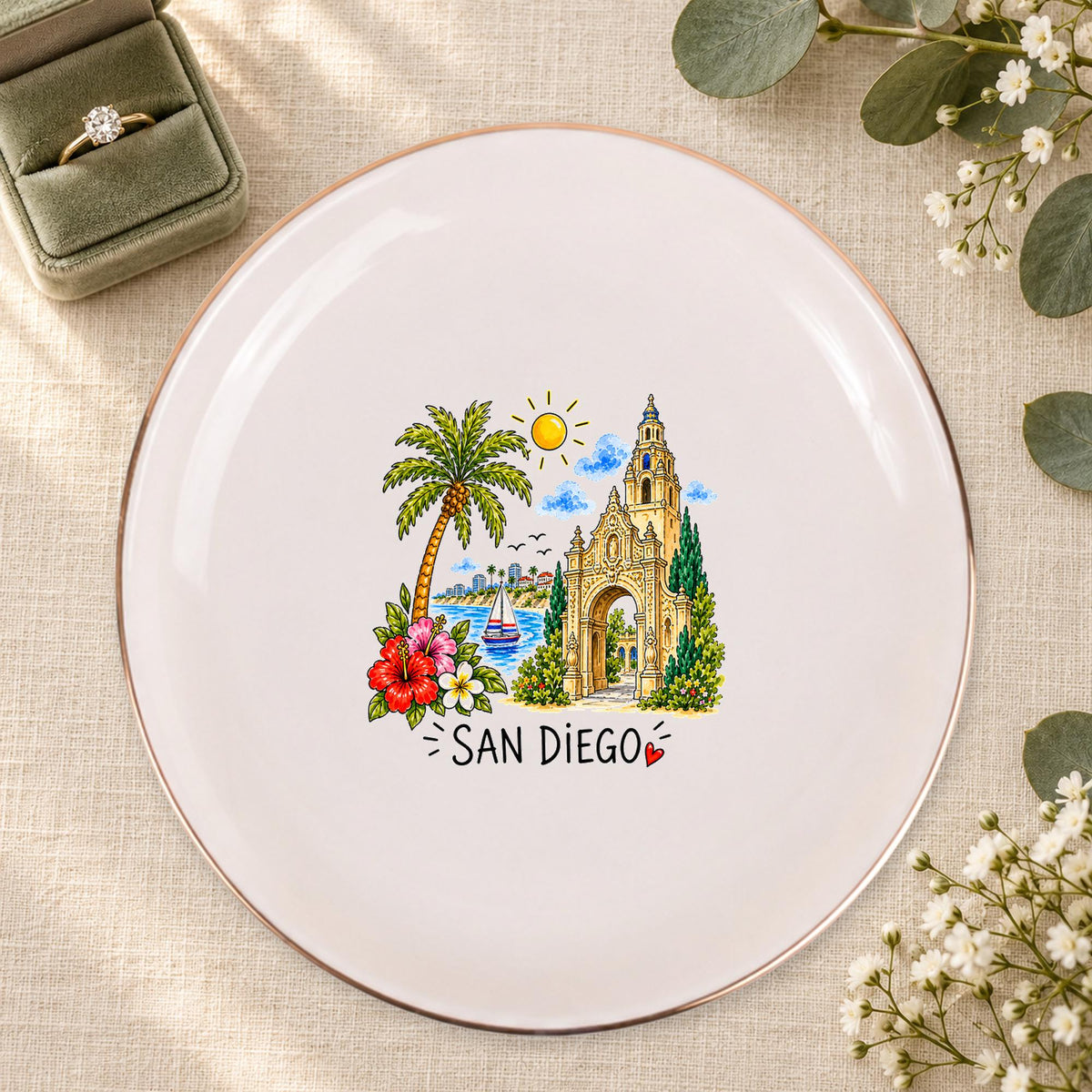 San Diego Ceramic Ring Dish, Gold Rim Trinket Tray, Jewelry Holder Gift, Five Shape Options