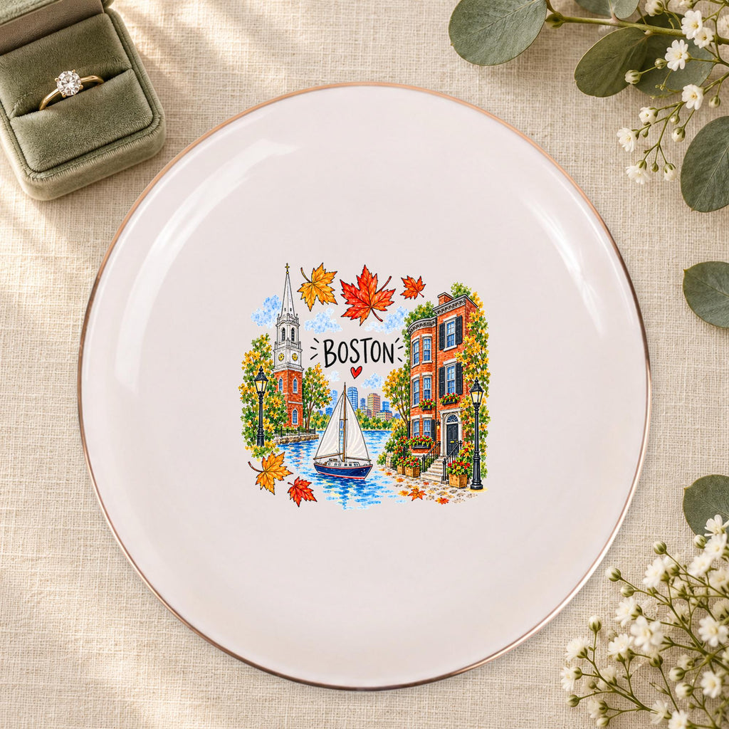Boston Ceramic Ring Dish, Gold Rim Trinket Tray, Jewelry Holder Gift, Five Shape Options