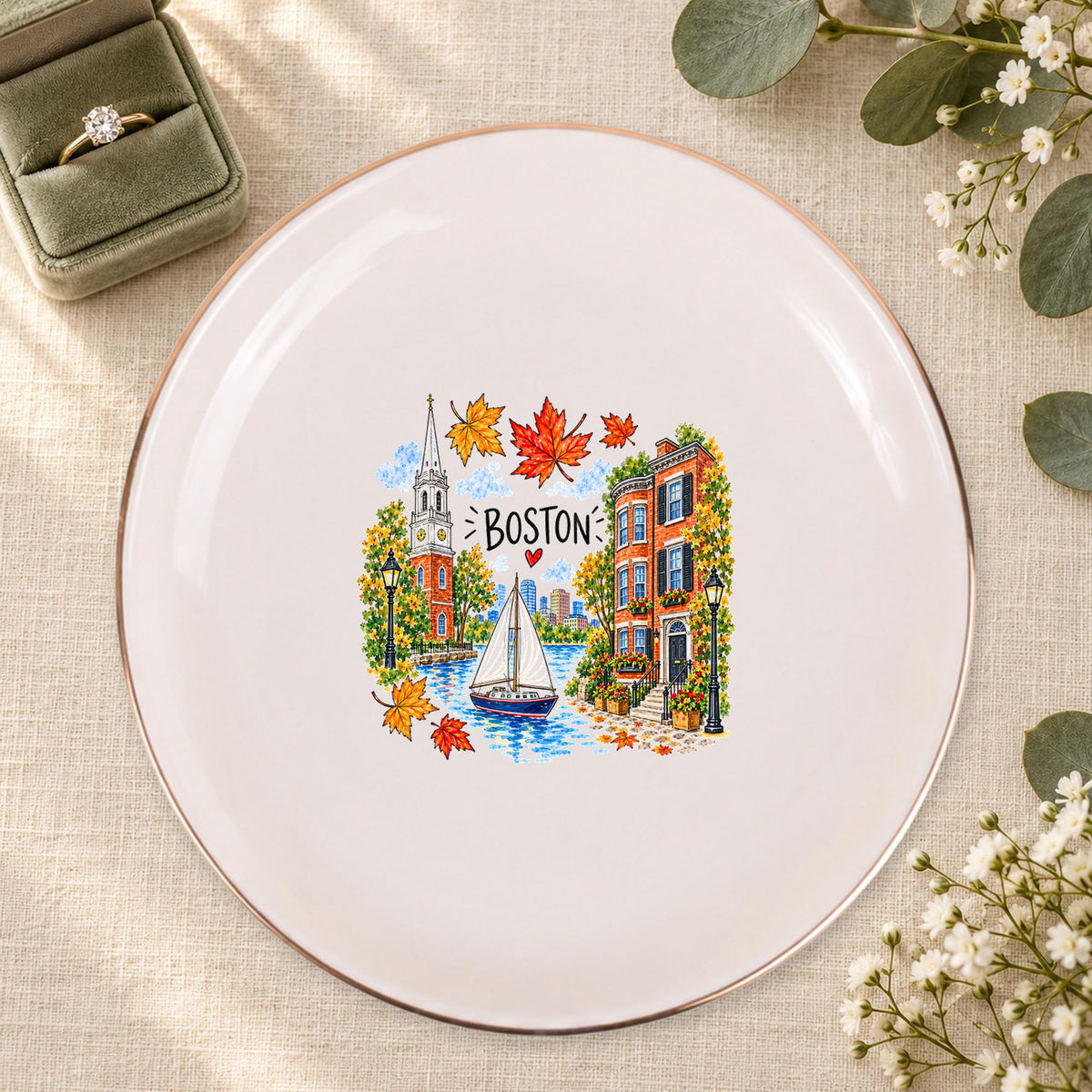 Boston Ceramic Ring Dish, Gold Rim Trinket Tray, Jewelry Holder Gift, Five Shape Options