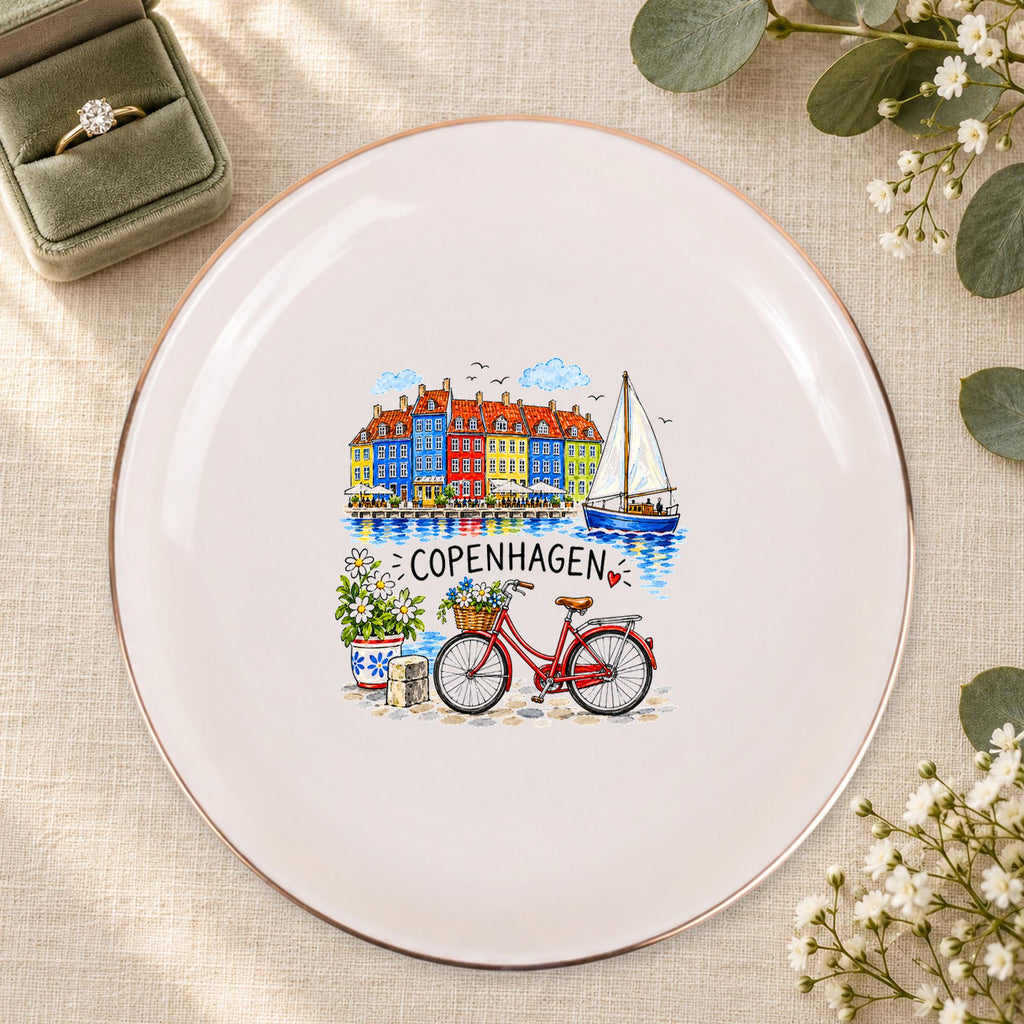 Copenhagen Ceramic Ring Dish, Gold Rim Trinket Tray, Jewelry Holder Gift, Five Shape Options