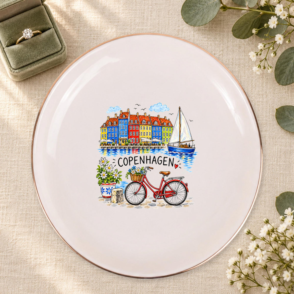 Copenhagen Ceramic Ring Dish, Gold Rim Trinket Tray, Jewelry Holder Gift, Five Shape Options