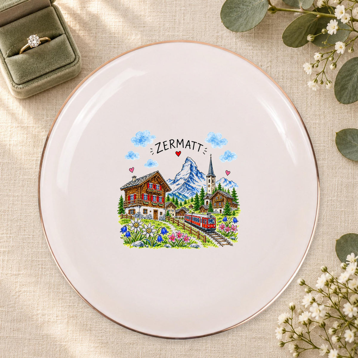 Zermatt Ceramic Ring Dish, Gold Rim Trinket Tray, Jewelry Holder Gift, Five Shape Options