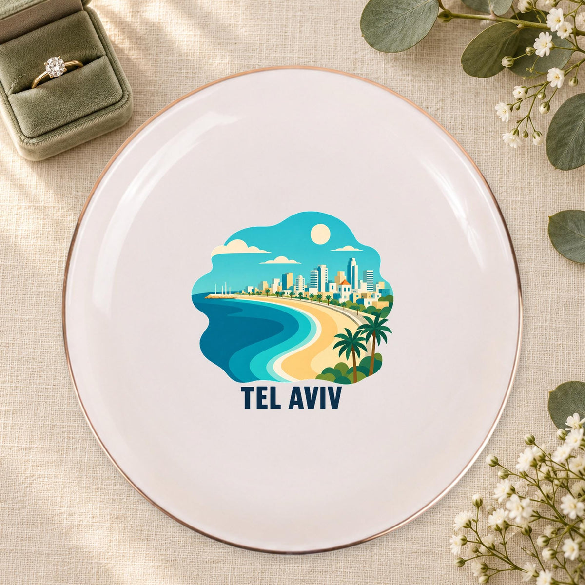Tel Aviv Ceramic Ring Dish, Gold Rim Trinket Tray, Jewelry Holder Gift, Five Shape Options