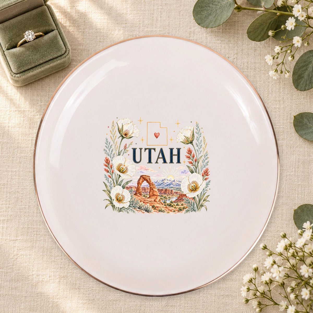 Utah Ceramic Ring Dish, Gold Rim Trinket Tray, Jewelry Holder Gift, Five Shape Options