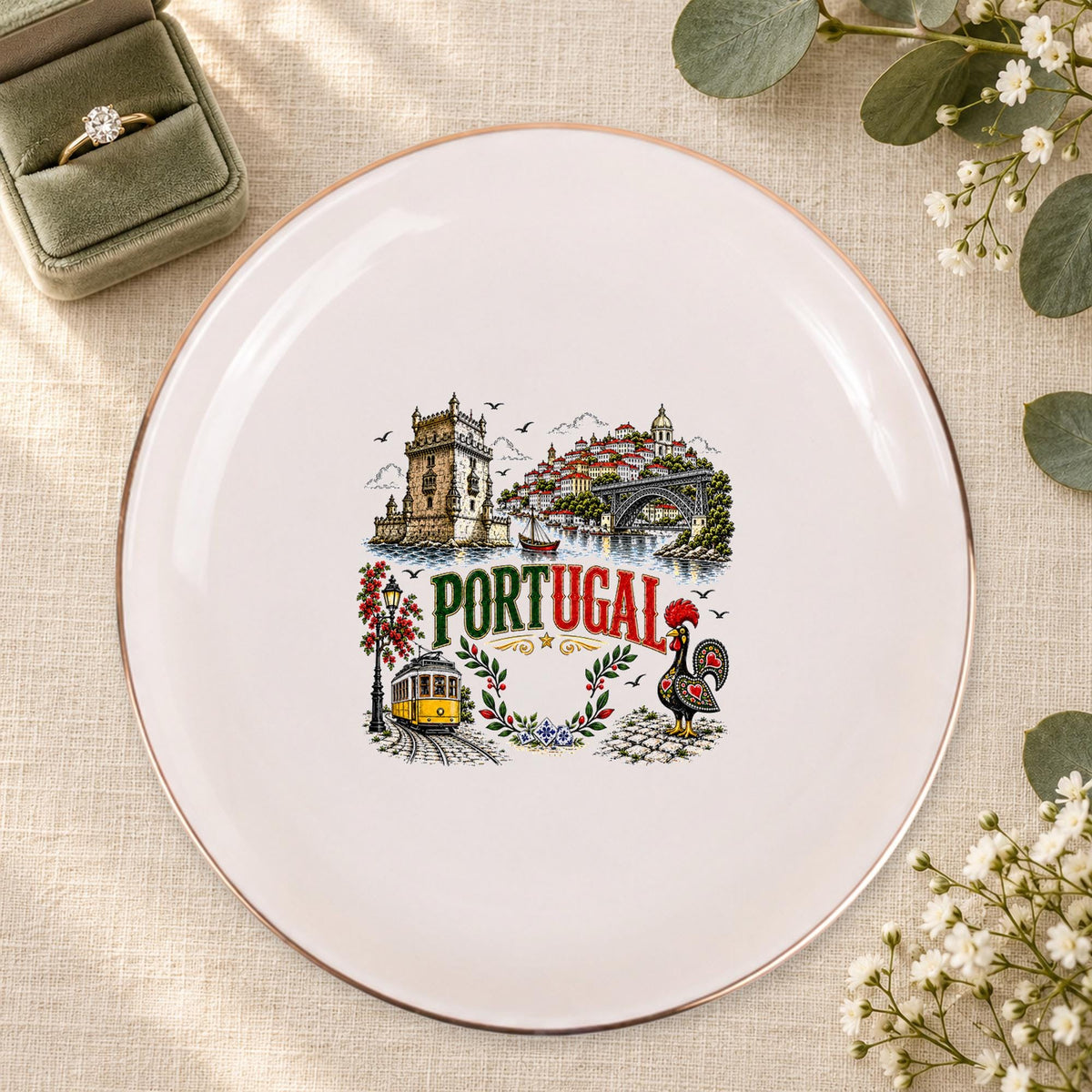 Portugal Ceramic Ring Dish, Gold Rim Trinket Tray, Jewelry Holder Gift, Five Shape Options