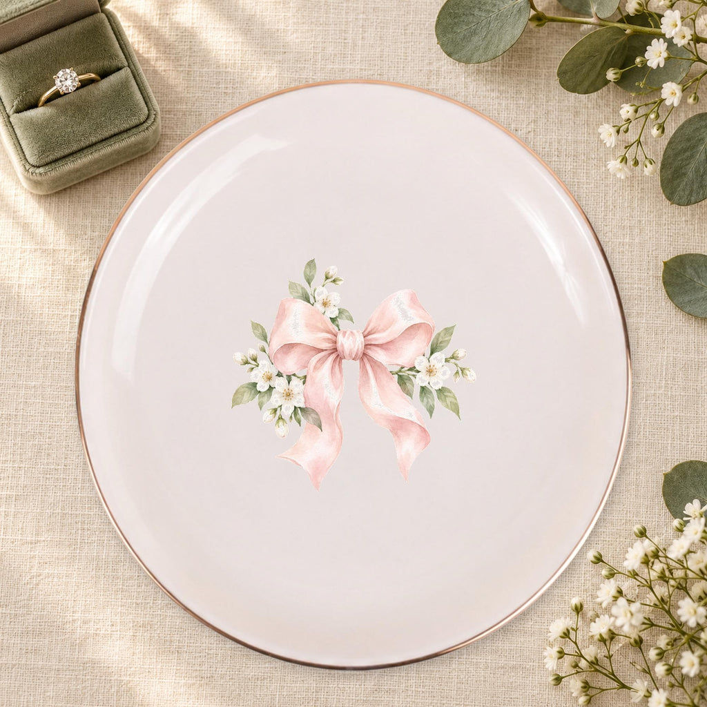 Blush Bridal Bow Ceramic Ring Dish, Gold Rim Trinket Tray, Jewelry Holder Gift, Five Shape Options